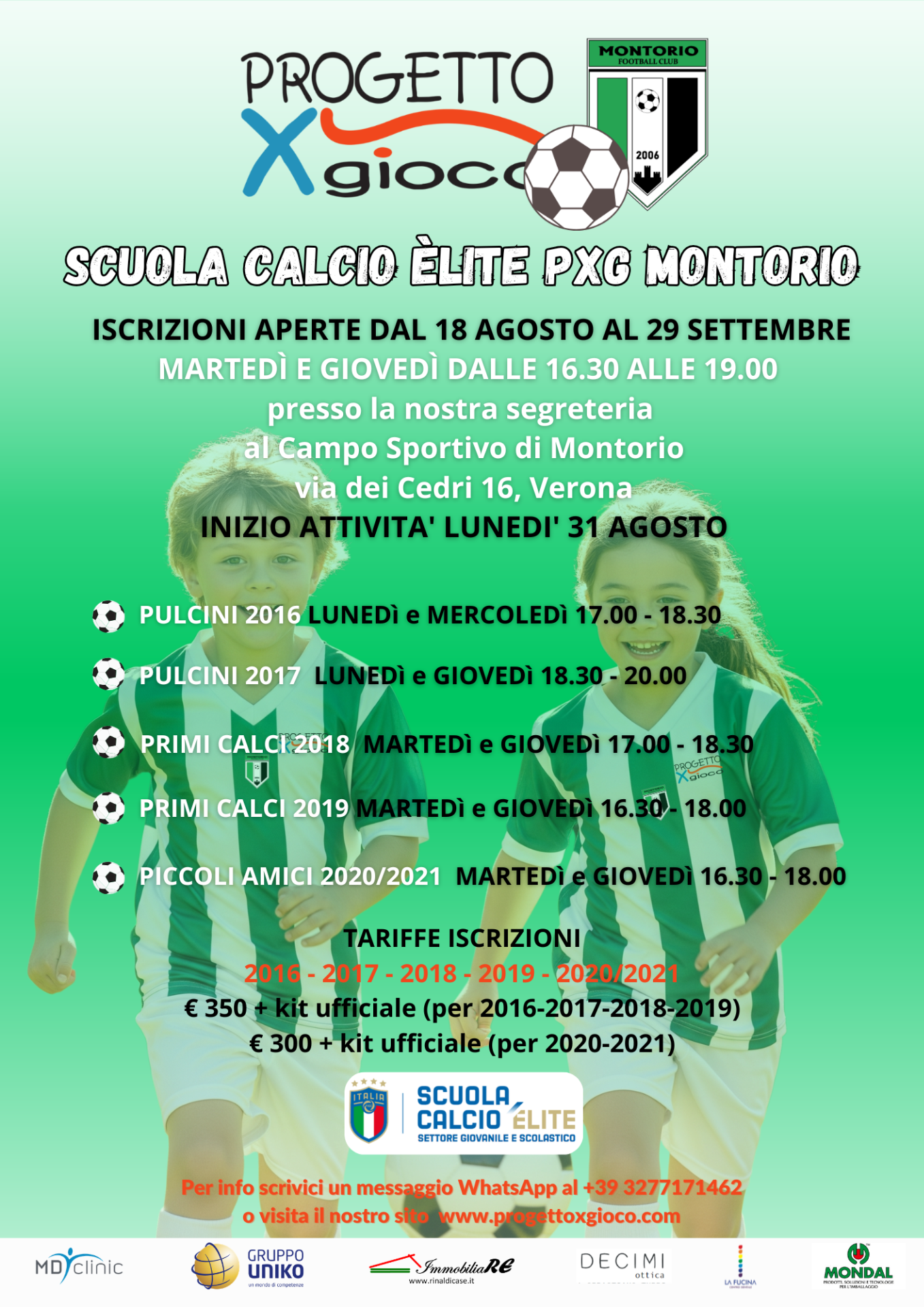 Locandina ProgettoXGioco: iscrizioni scuola calcio elite PXG Montorio, con palloni, logo e due bambini in divisa verde.